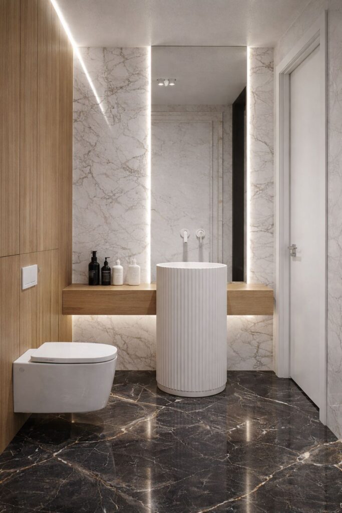 mała toaleta z białym kamoeniem i umywalka stojaca na podłodze