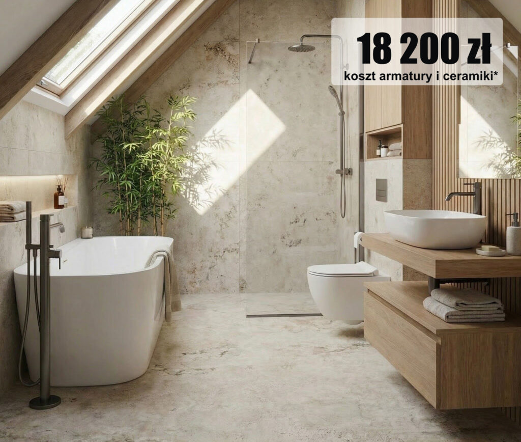 mała łazienka na poddaszu z wanną wolnostojącą i prysznicem walk-in aranżacja nowoczesna drewno i jasne płytki