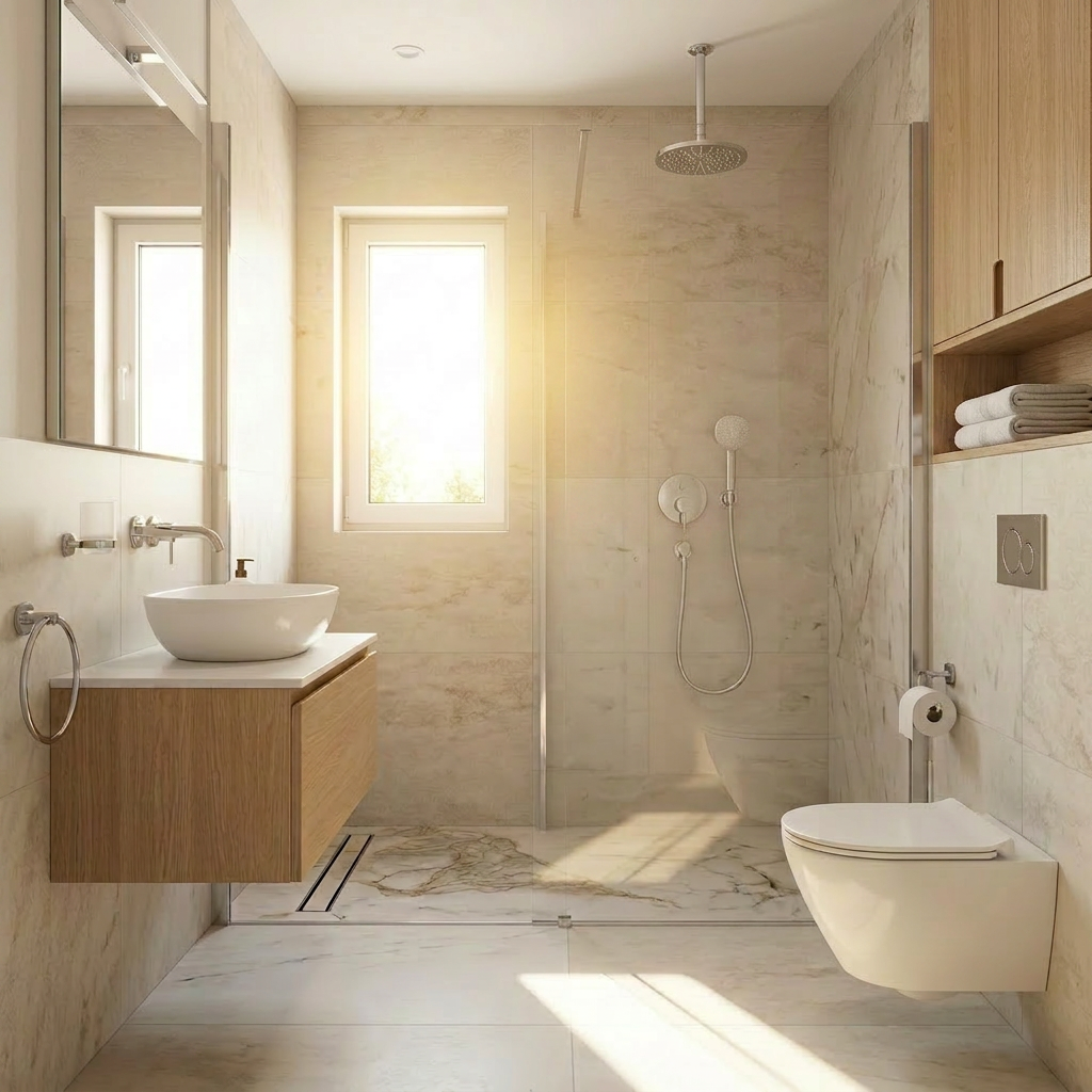 łazienka w chromie z prysznicem walk-in essence grohe