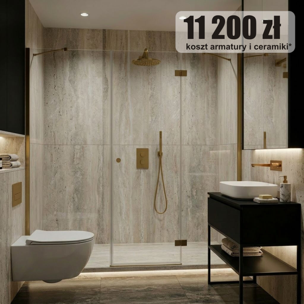Luksusowa łazienka SPA ze złotą armaturą OMNIRES CONTOUR i kabiną walk-in. Koszt armatury i ceramiki: 11 200 zł.