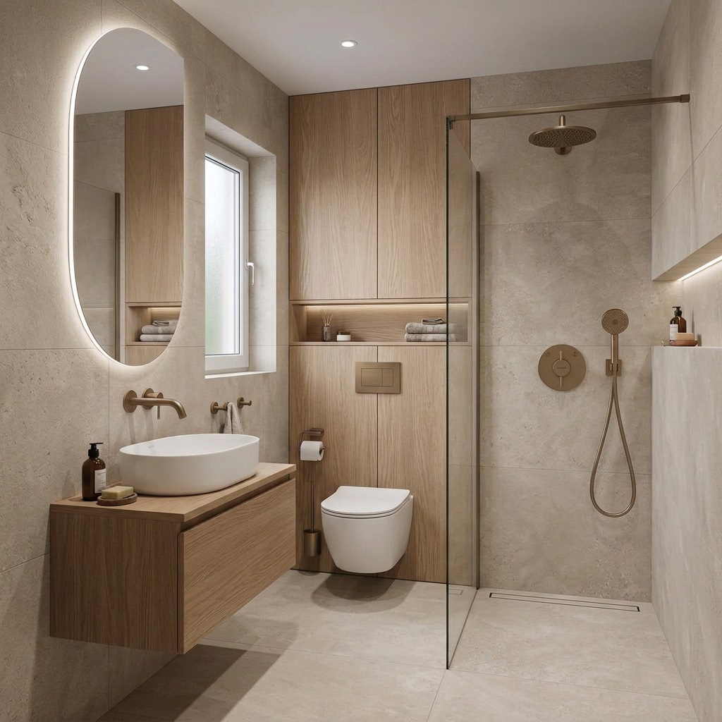 Projekt łazienki z baterią Hansgrohe Tecturis S podtynkową i deszczownicą w kolorze brąz szczotkowany