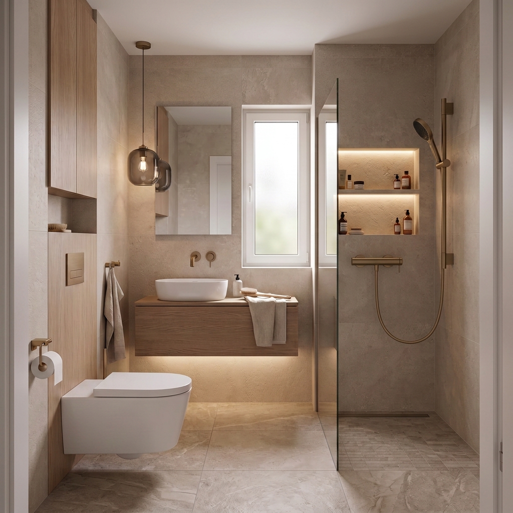 Projekt łazienki z baterią Hansgrohe Tecturis S natynkową w kolorze brąz szczotkowany